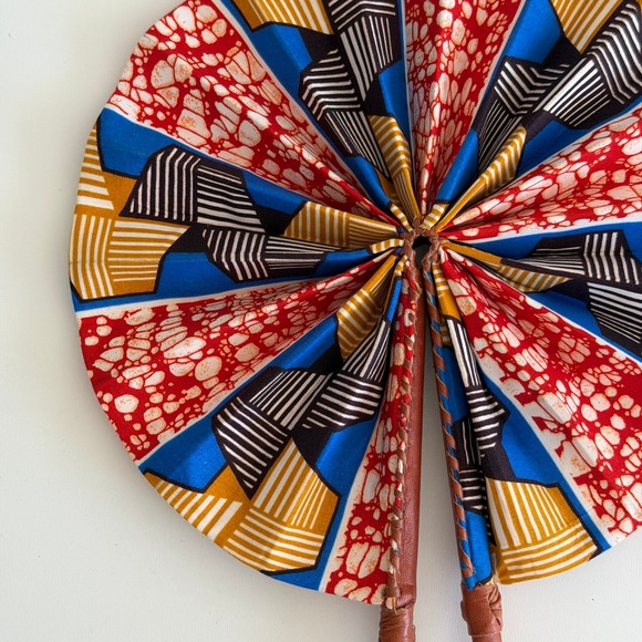 Vintage African Fabric Folding Fan Handmade Leather Handle Abstract - Picture 5 of 6